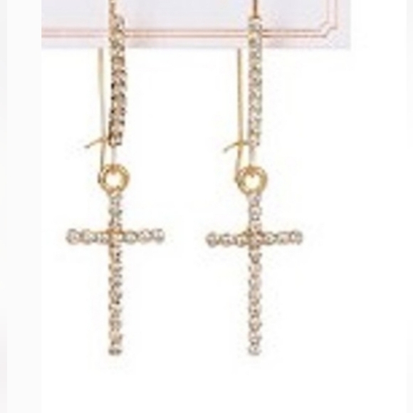 Gold Crystal Cross Drop Earrings, Goldtone 42x18mm NEW - Picture 6 of 7